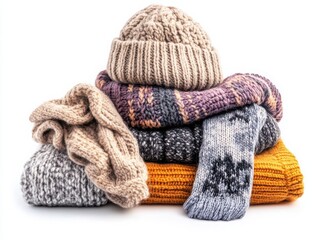 Winter warmth essentials: scarf, gloves, beanie, socks, isolated white.