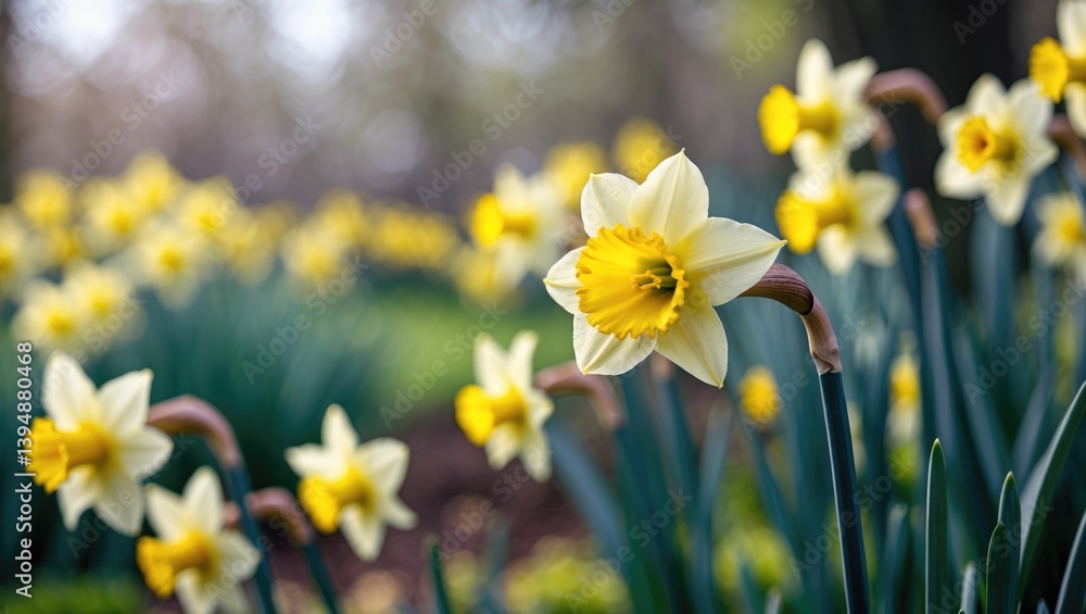 Poster close-up image of yellow daffodils in a garden setting