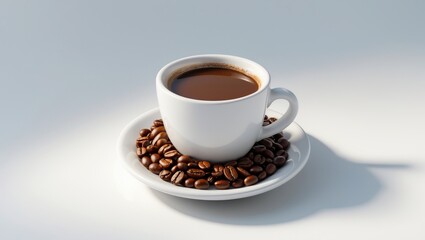 Fototapeta premium Beans and a coffee cup set against a white background