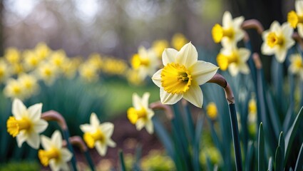 Obraz premium Close-up image of yellow daffodils in a garden setting