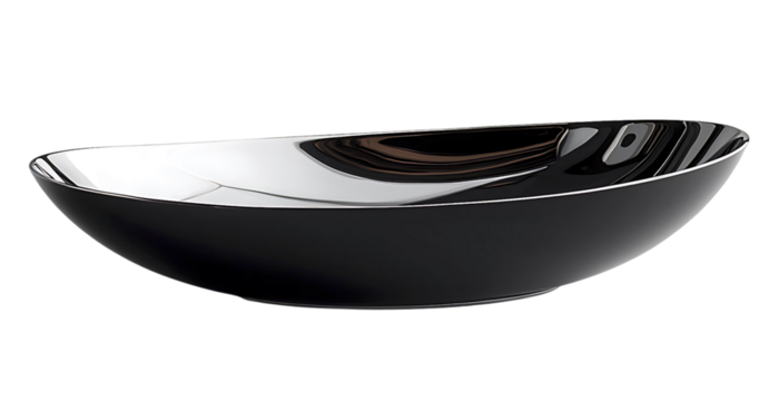 Sleek, modern oval bowl with a polished, reflective interior and a matte black exterior.  Perfect for showcasing fruit, candy, or as a stylish decorative element.