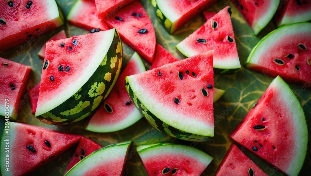 Poster stack of freshly sliced watermelon creating a textured background