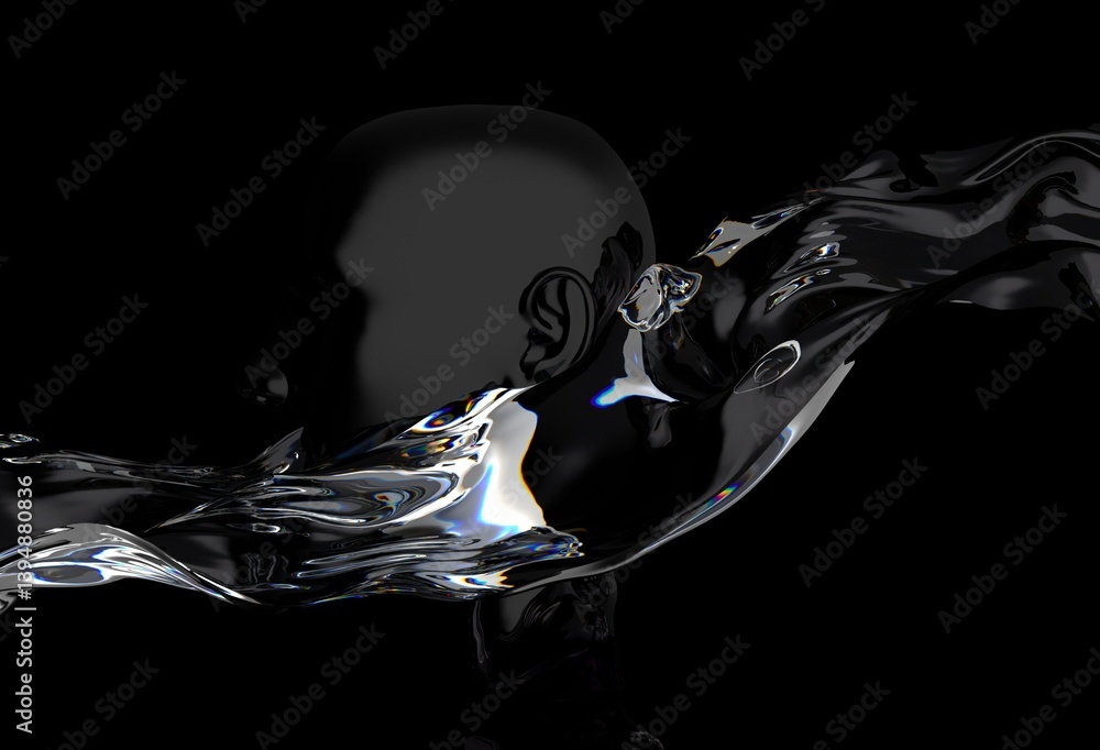 Aufkleber 3d illustration showing a fluid, abstract form resembling a human head merging with a flowing, gloss