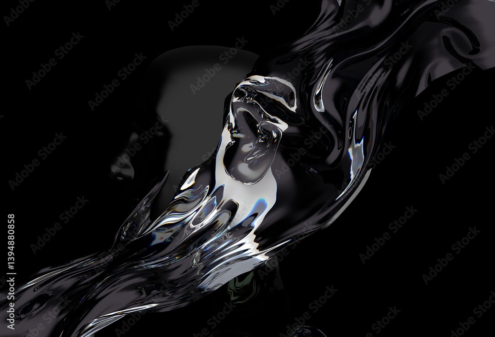 Aufkleber 3D illustration showing a fluid, abstract form resembling a human head merging with a flowing, glossy substance against a dark background, creating a surreal and mysterious effect.