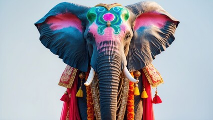 Naklejka premium Elephant with trunk raised, stunning and large isolated against a white backdrop. Vibrantly painted elephant head.