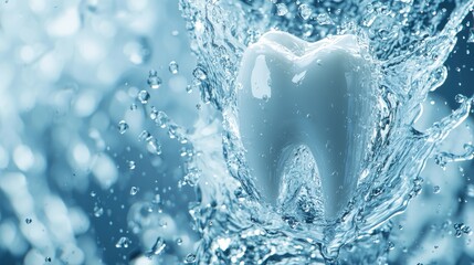 Sparkling healthy tooth surrounded by dynamic water motion, symbolizing freshness and care.