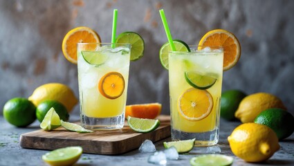 Fototapeta premium Beverage featuring orange, lemon, and lime in clear glasses on a concrete surface. Iced lemonade. Frontal perspective.