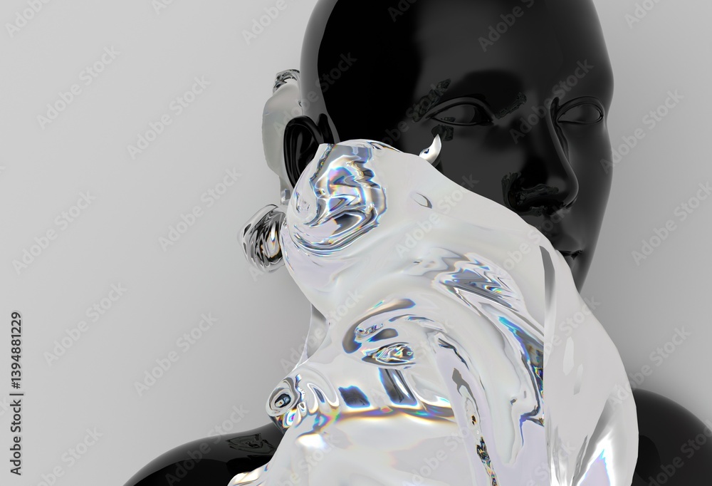 Poster Black head sculpture is enveloped by a flowing, translucent liquid, creating a surreal visual with contrasting solid and fluid elements, evoking movement and transformation.