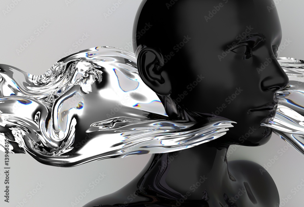 Poster abstract 3d illustration of a glossy black mannequin head merged with flowing, translucent liquid or