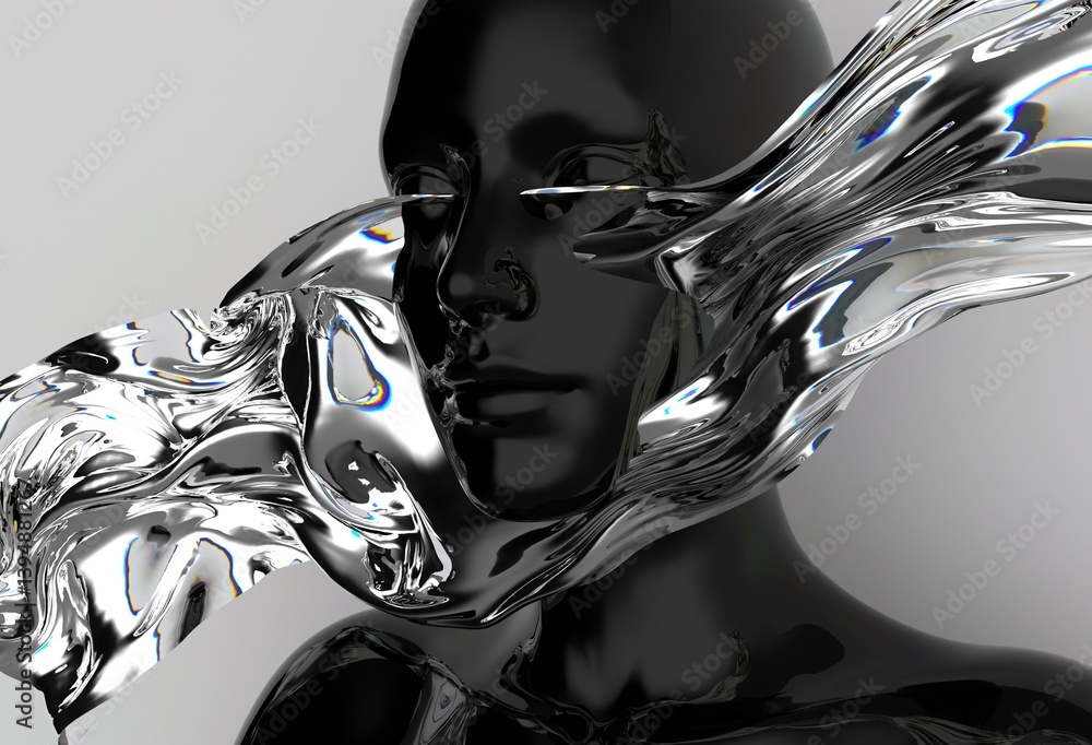 Poster abstract 3d illustration of a glossy black mannequin head merged with flowing, translucent liquid or