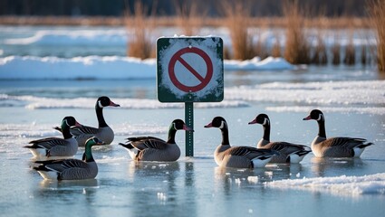 Fototapeta premium A sign alongside Ducks and Geese on a frozen lake.