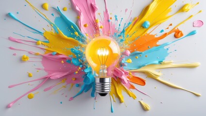 Vibrant light bulb burst with splashes on a white backdrop, a creative concept. Light bulb and paint, idea representation.
