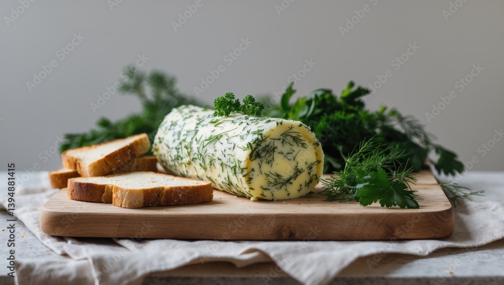 Poster nutritious butter infused with dill and parsley, shaped into a roll for convenient slicing.