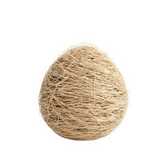 Close up of a handwoven fibrous spherical object with a natural organic texture and abstract design