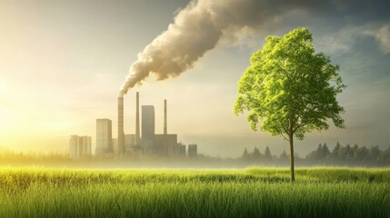 Dramatic landscape, smoke engulfs solitary tree in a vast field, creating scene of mystery and danger