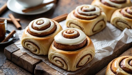 Fototapeta premium Zoomed-in image of cinnamon rolls with cinnamon sticks on a textured wood surface.
