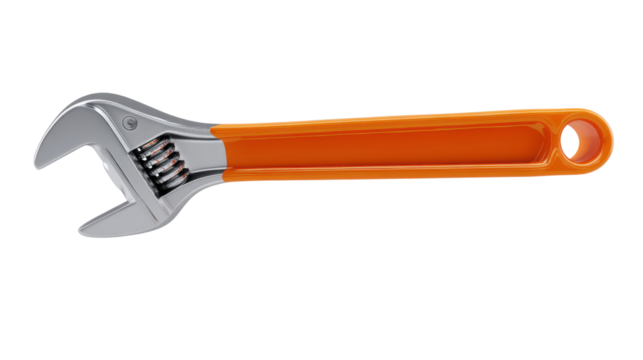An adjustable metal wrench in a vibrant orange color designed for manual tasks such as repair maintenance and construction work