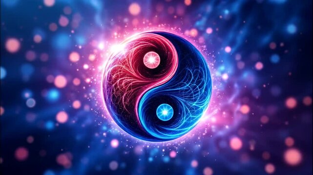Yin Yang Symbol Glowing with Red and Blue Energy Particles Motion