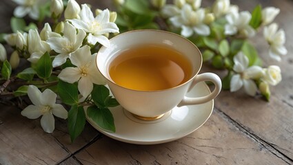 Herbal tea set against a wooden backdrop with blooming spring jasmine flowers