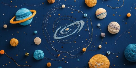 Fototapeta premium Detailed embroidery of stars and planets in space, using colorful threads, beads and French knots.