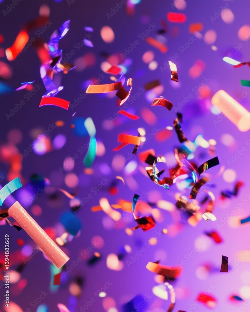 Poster Festive confetti shower on vibrant purple background creating a celebratory atmosphere with dynamic movement and bokeh effect for joyful occasions