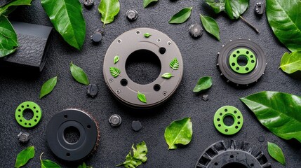 Sustainable brake pad concept with eco-friendly icons and green leaves, advocating for clean automotive solutions.