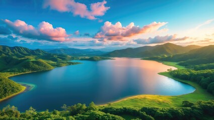 Spectacular sunset above volcanic lake - panoramic view