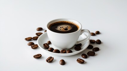 Fototapeta premium A white background featuring a coffee cup and coffee beans.
