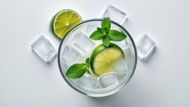 Isolated white background showcasing a cocktail drink with lime and mint from above. - Powered by Adobe