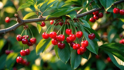 Obraz premium Close-up of branches from a green sweet cherry tree with plump, juicy berries in a garden setting.
