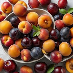 A bowl of mixed stone fruits including cherries, apricots, and nectarines on a white background.