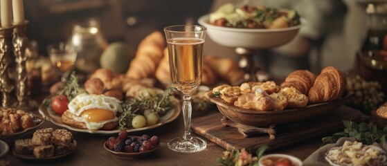 Fototapeta premium Elegant brunch scene featuring champagne glass croissants eggs and pastries on a wooden table in warm light showcasing a delightful culinary experience