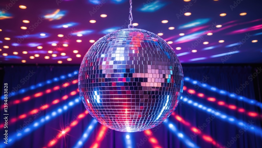 Aufkleber disco ball with shiny mirror finish and glowing rays, dangling from ceiling in a party setting at ni
