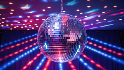 Obraz premium Disco ball with shiny mirror finish and glowing rays, dangling from ceiling in a party setting at night