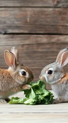 Obraz premium Two young rabbits eating lettuce in rustic barn setting