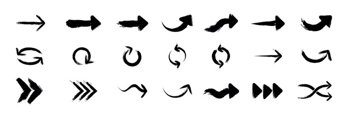 Creative arrows in grunge style, vector collection, beautiful and stylish. Bold arrows, graphic set of isolated elements from brush strokes, thick pointers isolated collection. Vector graphic