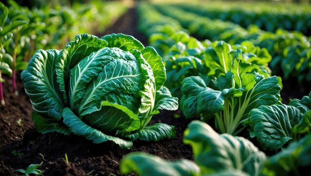 Close-up of cabbages and Swiss chard rows. Festive green display. Market assortment. Celebration of verdancy.