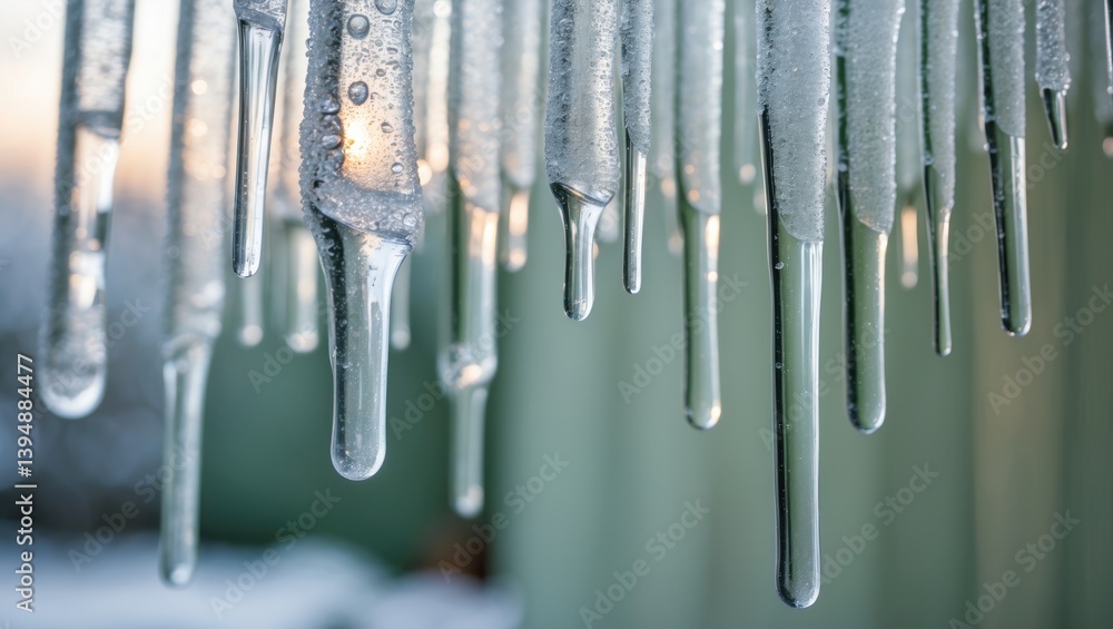 Poster close-up view of icicles hanging from an invisible object, created by dripping water in cold weather