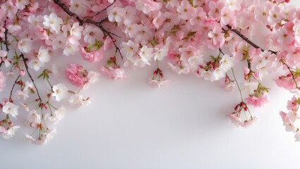 Obraz premium Majestic cherry blossoms creating a natural frame, studio on unblemished white backdrop, panoramic format
