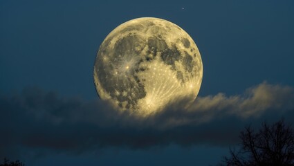Fototapeta premium Yellow-tinged Harvest Moon shining through dark clouds in the nighttime sky