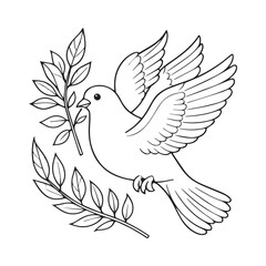 A black and white line art illustration of a dove as a Catholic symbol, with simple and thick outlines suitable for young children. 