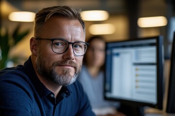 A professional male employee gazes intently at the screen, emphasizing focus and determination in a contemporary corporate environment.