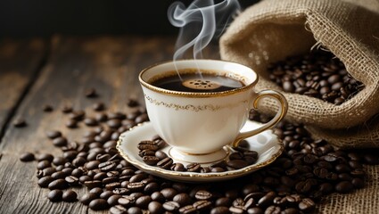 Wooden table featuring a coffee cup and coffee beans against a sack background
