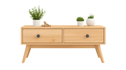 Minimalist wooden dresser with two drawers and open shelves featuring potted plants for a natural contemporary home decor accent