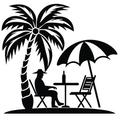 Silhouette of Tropical Relaxation Under Palm Tree, Man Enjoying Leisure Time Under Palm Tree, Fun On The Beach. Silhouette of people on vacations. 