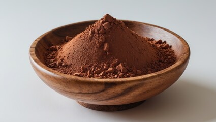 Cocoa powder displayed in a wooden bowl with a white background.