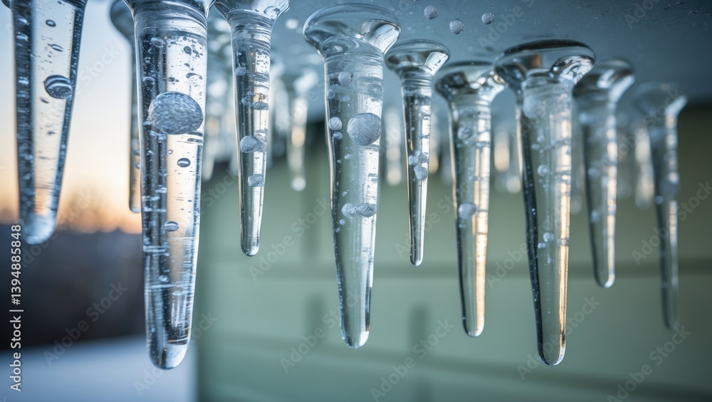 Poster intimate image of icicles hanging from a hidden item, created by water droplets in cold weather, sho