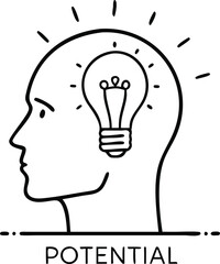 Conceptual Human Head With Lightbulb Representing Idea Generation And Potential In A Minimalist Line Art Style On Black Background