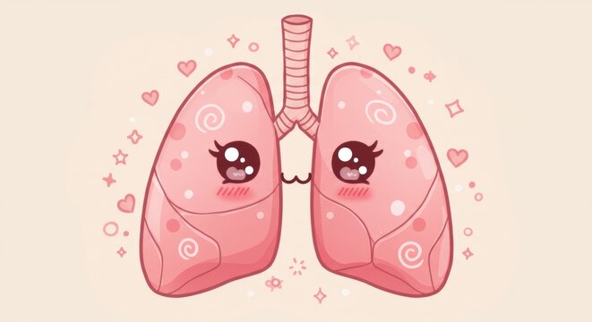 Charming illustration of healthy lungs with adorable expressions surrounded by hearts