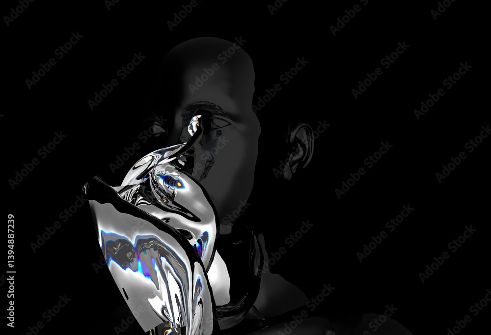 Aufkleber 3D illustration showing a fluid, abstract form resembling a human head merging with a flowing, glossy substance against a dark background, creating a surreal and mysterious effect.